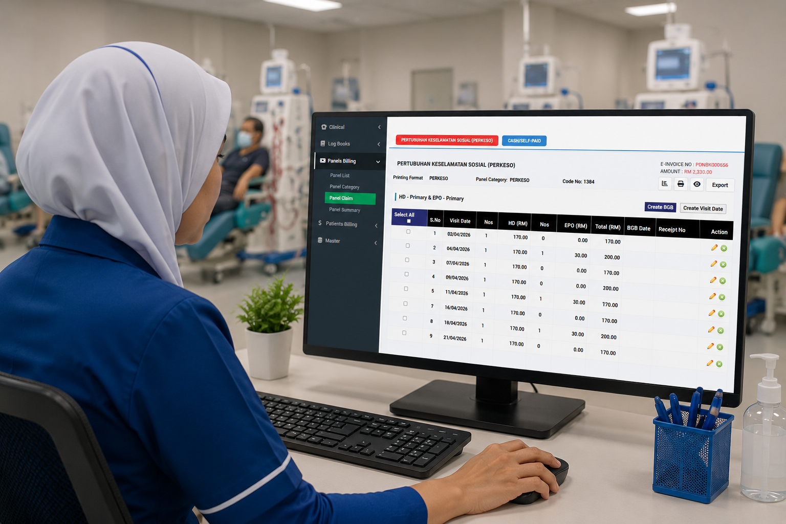 Nurse reviewing DiMS billing and clinical modules at a dialysis center workstation