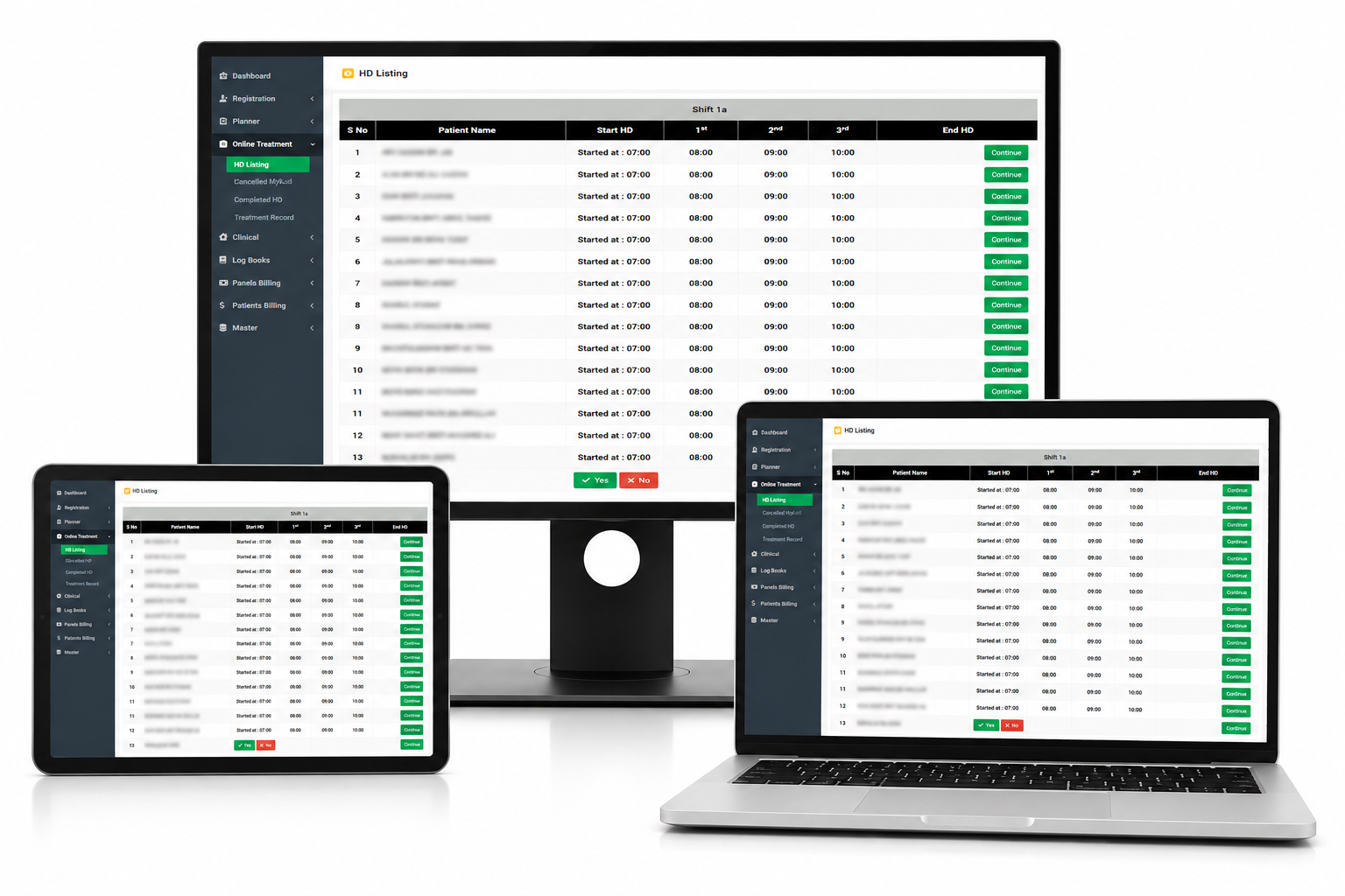 DiMS dialysis software displayed on desktop, laptop and tablet devices